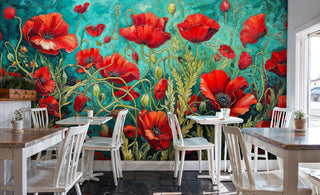 Artistic poppy wallpaper featuring red flowers and seed pods in bright cafe space with white tables
