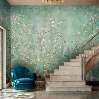 Asian botanical wall mural with cherry trees and blue butterflies, displayed in elegant entryway with curved staircase