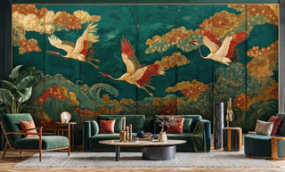 Asian crane wall mural featuring detailed birds and swirling patterns in modern living room with green velvet seating