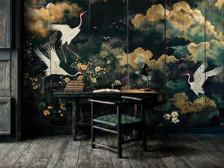 Asian crane wall mural with dramatic clouds and blossoms, shown in sophisticated home office with vintage desk