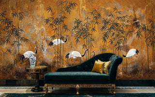 Asian crane wallpaper featuring white birds among bamboo stalks, shown in elegant room with teal chaise lounge