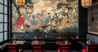 Asian dragon goddess wall mural with golden sky backdrop, displayed in modern restaurant booth seating area