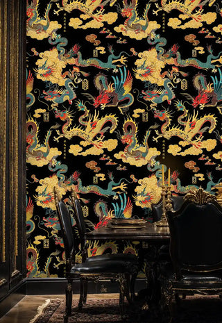 Asian dragon wallpaper with ornate gold details, displayed in formal dining room with black furniture