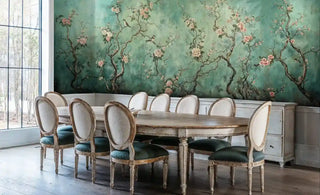 Asian floral Wall Mural with birds and flowering branches, displayed in dining room with green velvet chair seats