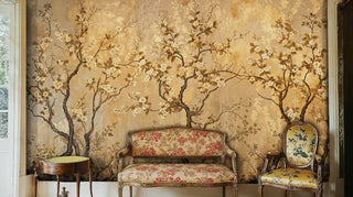 Asian flowering tree Wall Mural in warm tones displayed in elegant sitting room with floral settee