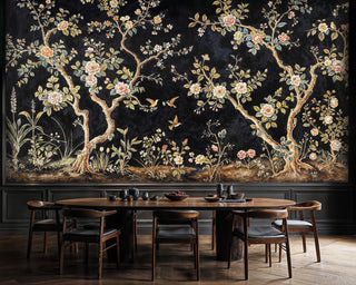 Asian garden Wall Mural featuring golden branches and coral peonies, shown in rustic dining room