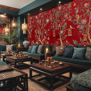 Asian garden wall mural with birdcages and blooms in modern tea lounge with dark wood furniture