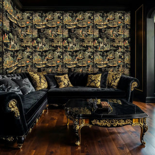 Asian garden wall mural with traditional figures, styled in opulent living room with velvet sofa