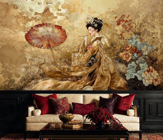 Asian geisha wall mural featuring botanical motifs displayed in elegant room with burgundy velvet sofa