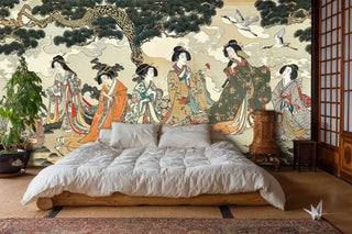 Asian geisha wallpaper with pine trees and flying cranes in neutral colors, displayed in zen bedroom with tatami mats