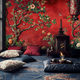 Asian-inspired bird and botanical wall mural in red tones displayed in cozy floor seating room