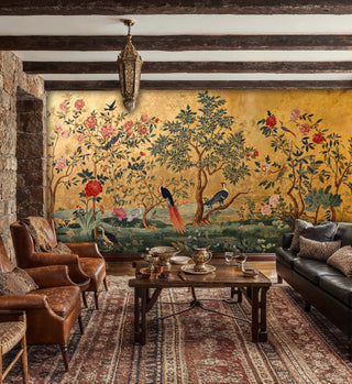 Asian-inspired bird wallpaper with floral motifs, displayed in rustic living room with ornate chandelier