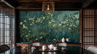 Asian-inspired botanical wall mural in modern dining room with geometric pendant light and tea service