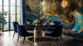Asian-inspired celestial wall mural with goddess figure and swirling waves, displayed in modern dining room setting