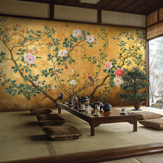 Asian-inspired wall mural with birds and flowering branches in traditional Japanese tea room with tatami mats