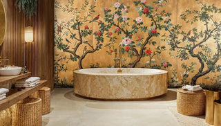 Asian-inspired Wall Mural with birds and flowering trees, shown in spa bathroom with round marble bathtub