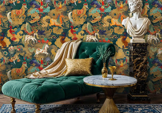 Asian-inspired wallpaper with mythical creatures and golden swirls, shown in luxurious room with emerald chaise lounge