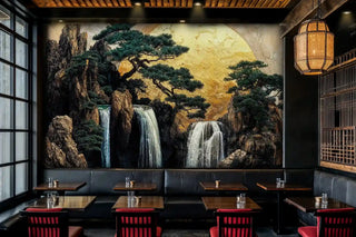 Asian landscape wall mural with golden sky and waterfalls, featured in modern restaurant with red banquette seating