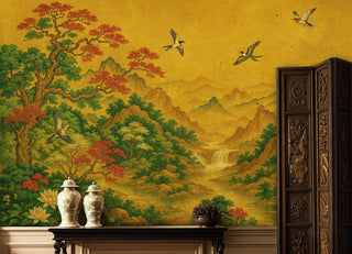Asian landscape wallpaper with cranes and lotus blooms, displayed with ornate wooden cabinet and ceramic vases