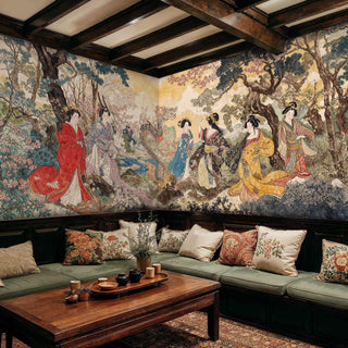 Asian mythological wall mural showing goddesses and dragon in golden sky, displayed in rustic living room setting