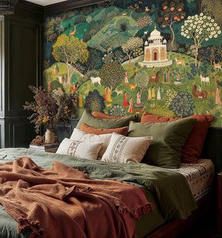 Asian paradise wallpaper featuring ornate pavilion and wildlife, displayed in cozy bedroom with earth-tone bedding