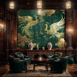 Asian phoenix wall mural with golden birds and florals, displayed in dark wood paneled study with leather chairs