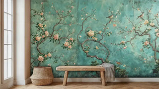 Asian-style wall mural featuring songbirds and flowering branches, shown in modern entryway with wooden bench