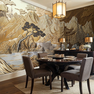 Asian temple wall mural featuring mountains and water, displayed in dining room with pendant lighting