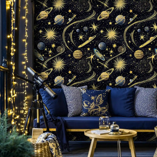 Astronomical wallpaper displaying planets and starbursts, featured in cozy bedroom with telescope