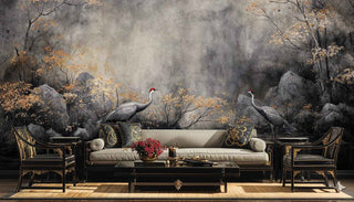 Atmospheric crane wall mural in grays and golds, showcased in formal living room with gold accent furniture