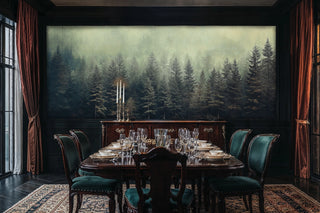 Atmospheric forest wall mural showing evergreens in fog, featured in formal dining room with mahogany table