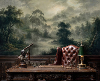 Atmospheric landscape wall mural showing trees and misty valleys in muted earth tones, featured in traditional study with ornate telescope