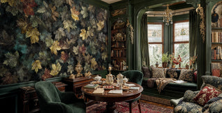 Autumn botanical wallpaper with scattered leaves in classic library with crystal chandelier