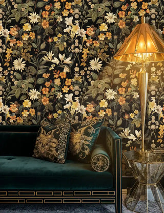 Autumn botanical wallpaper with white daisies, orange wildflowers, and olive foliage on black, in luxurious living room