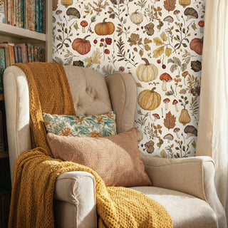Autumn harvest wallpaper featuring pumpkins and oak leaves, in a cozy reading nook with tufted armchair and bookshelf