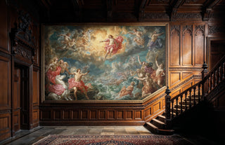 Baroque celestial wall mural with golden clouds and divine figures, displayed in grand hallway with carved wooden staircase