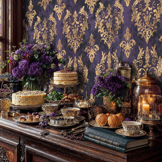 Baroque damask wallpaper in purple and gold with ornate scrollwork, displayed in elegant dining room with tea service