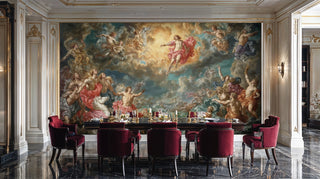 Baroque mythology wall mural with divine scenes in coral and teal, shown in luxurious dining room with burgundy velvet chairs
