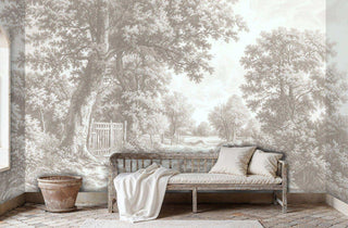 Beige and white pastoral wall mural creating a serene backdrop for a distressed wooden bench with white cushions in a sunroom.