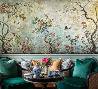Birds and botanicals wall mural with songbirds and flowering vines in elegant sitting area with emerald velvet sofa