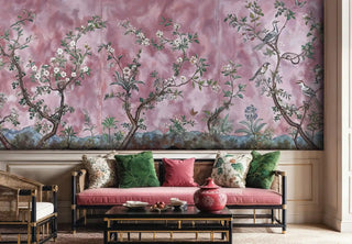 Birds and flowers wallpaper in soft pink tones with botanical details, shown in sophisticated lounge area