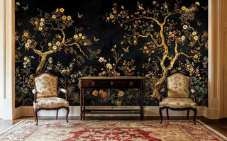Black botanical wall mural with gold trees and butterflies displayed in formal entryway with antique chairs