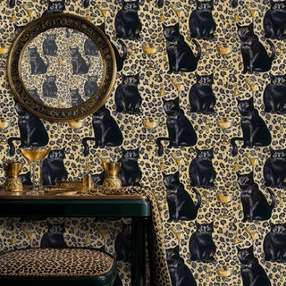 Black cat leopard print wallpaper with golden cocktails, displayed in elegant dining room with ornate mirror
