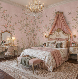 Blush chinoiserie wall mural with branches and songbirds, styled in an ornate bedroom with draped canopy bed