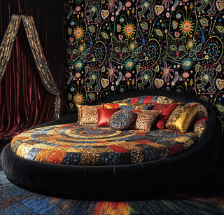 Bold cosmic dot wallpaper with rainbow mystical motifs on black, displayed in luxurious bedroom with round bed
