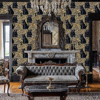 Bold leopard cat wallpaper with cocktail motifs shown in opulent sitting room with crystal chandelier