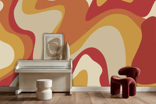 Bold retro wallpaper with organic patterns displayed in minimalist room with white piano