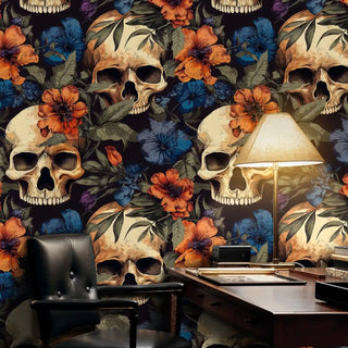 Bold skull botanical wallpaper with tropical flowers in modern home office with wooden desk