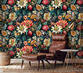 Bold tropical wallpaper featuring ring-tailed lemurs in a modern living room with leather chair