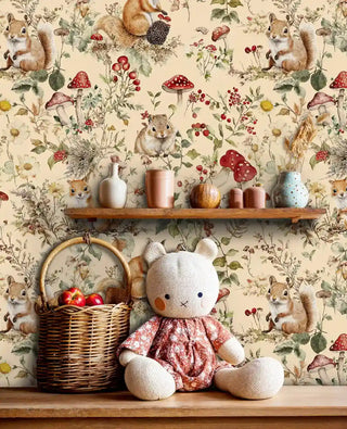 Botanical animal wallpaper featuring squirrels in nursery setting with wicker basket and soft plush toys